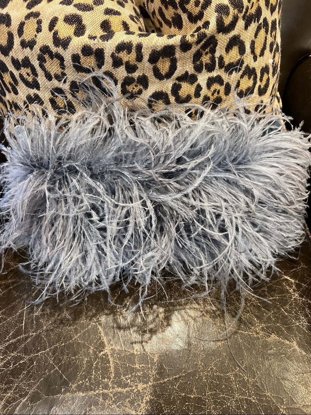 Marabou Feather Decorator Pillow Grey Velvet Back  14"x8.5"